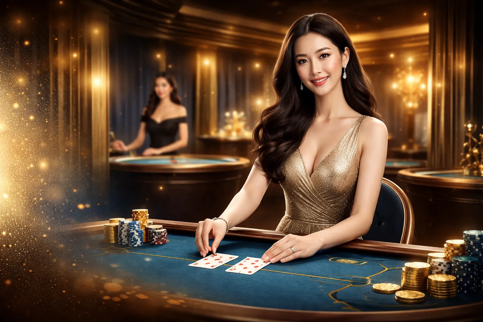 Người chia bài trực tiếp Hy88 đang điều hành bàn Baccarat với khách hàng đang đặt cược, thể hiện sự chuyên nghiệp và uy tín của hy88 link mới.